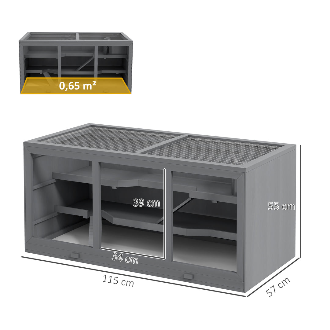 Dværghamsterbur, gnaverbur, smådyrskasse, låsbar, træ, nem at vedligeholde, grå