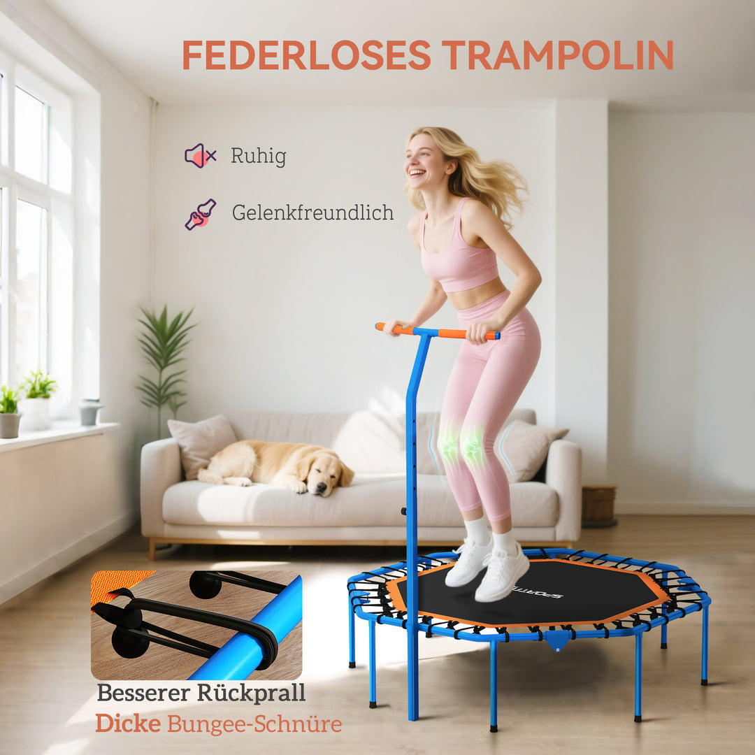 Fitnesstrampolin, træningstrampolin med justerbart håndtag, stabil og støjsvag, til indendørs brug, stål, blå