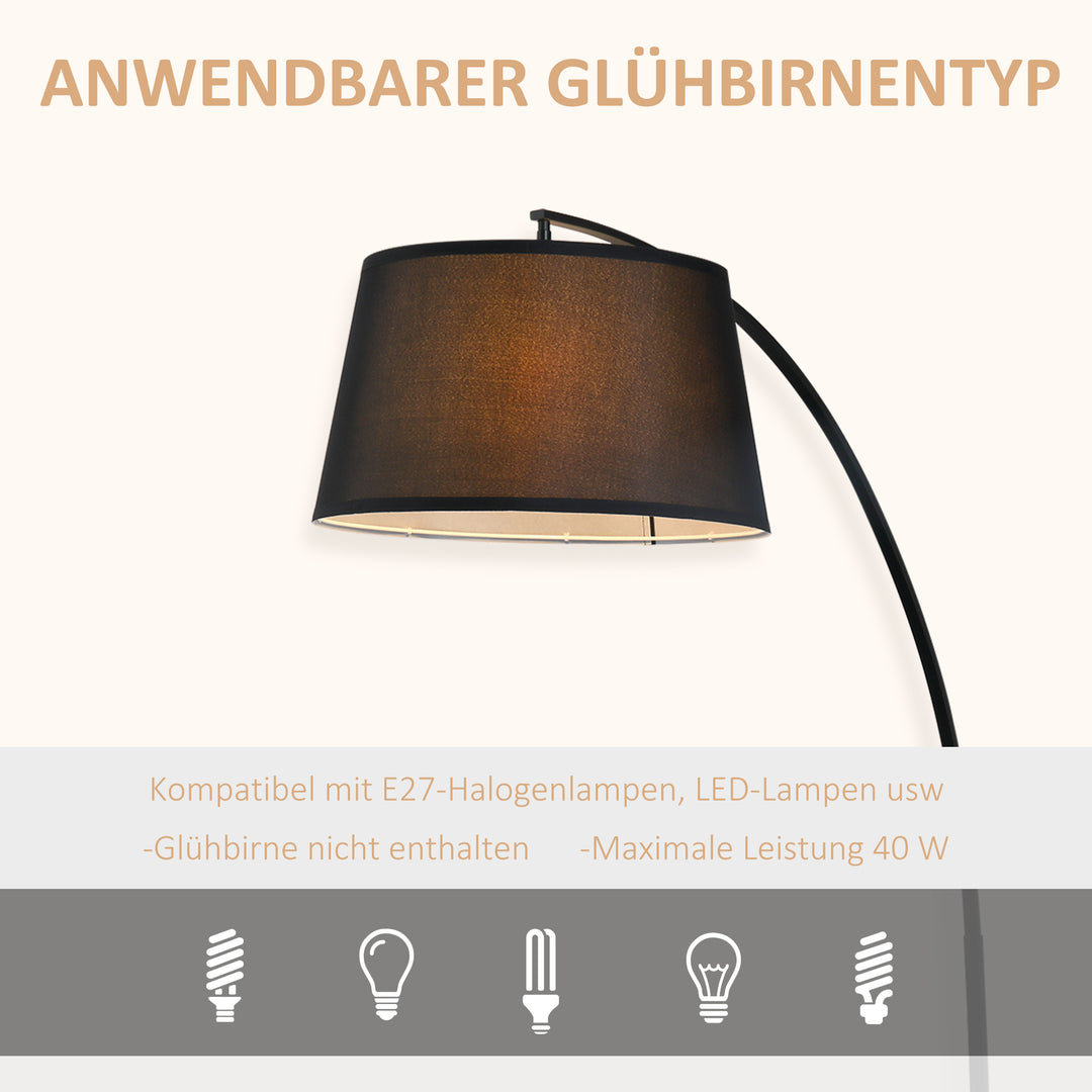 Gulvlampe, buet gulvlampe med stofskærm, gulvlampe med rund fod, metal, 105l x 47b x 190h cm, sort