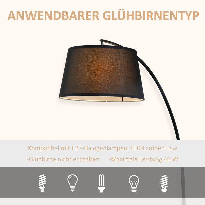 Gulvlampe, buet gulvlampe med stofskærm, gulvlampe med rund fod, metal, 105l x 47b x 190h cm, sort