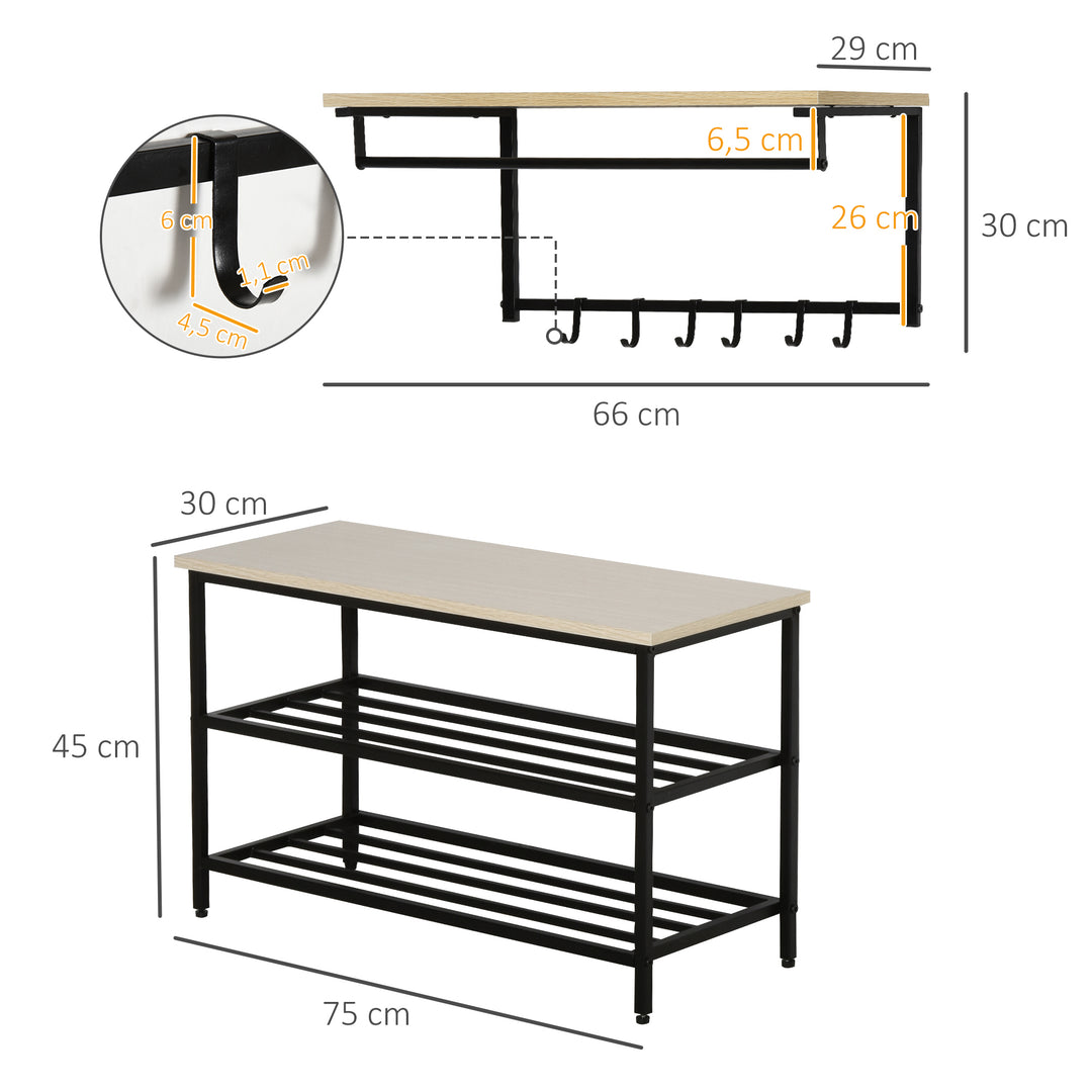 2-I-1 garderobesæt til entré med bænk, vægmonteret knagerække til entré, 6 kroge, natur+sort, 75 x 30 x 45 cm (bænk)