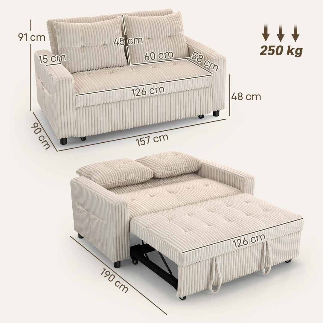 2-personers sovesofa, fløjlsbetræk, kan laves om til en sovesofa, 2 hynder, sidelommer, 157 x 190 cm, cremehvid