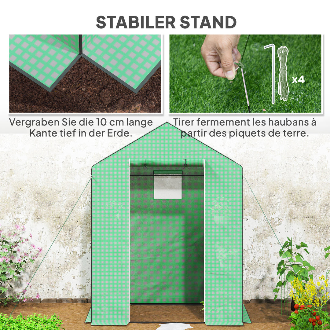 Drivhus med hylder, minidrivhus, uv-bestandigt, netvindue, lynlåsdør, 143l x 74b x 190h cm, grøn