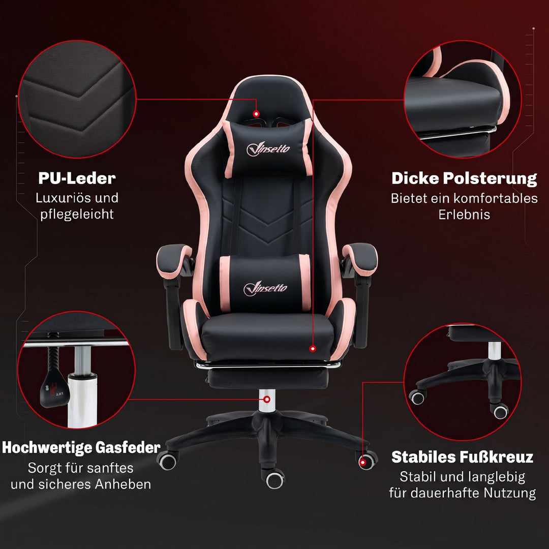 Kontorstol, gamingstol, 1 nakkestøtte, 1 lændestøtte, pink + sort