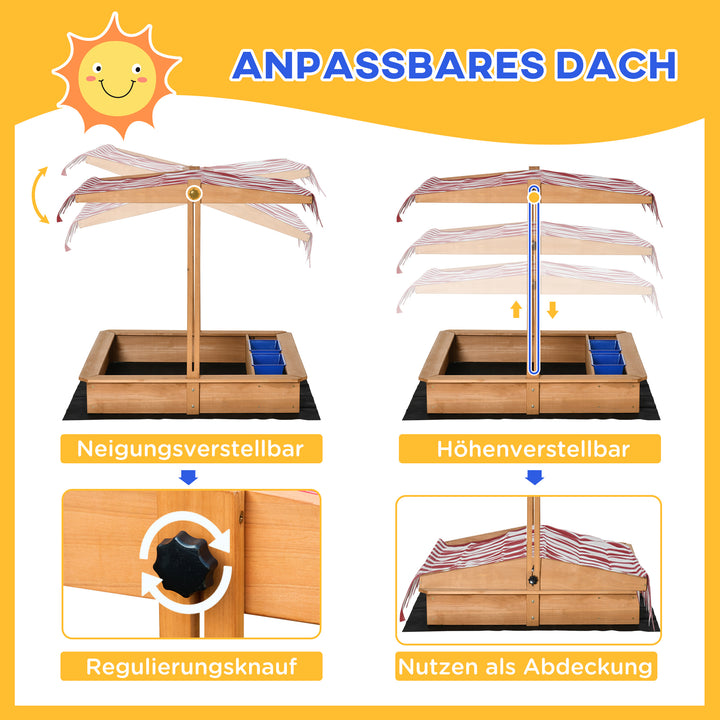 Sandkasse 107,5 x 107,5 cm, børnesandkasse med højdejusterbart låg, træsandkasse til børn 3-7 år til udendørs have, terrasse, balkon