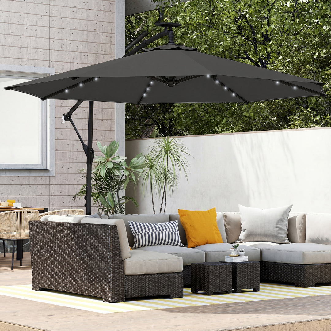 LED solcelledrevet parasol, ca. Ø300 cm, drejelig, med håndsving, beskyttelsesovertræk, mørkegrå