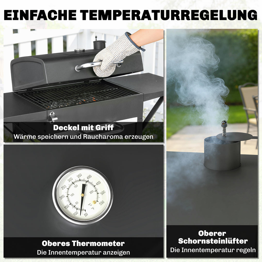 Kulgrill med låg, BBQ-røgergrill med 2 sideborde, stor grilloverflade, grillrist, termometer, hjul