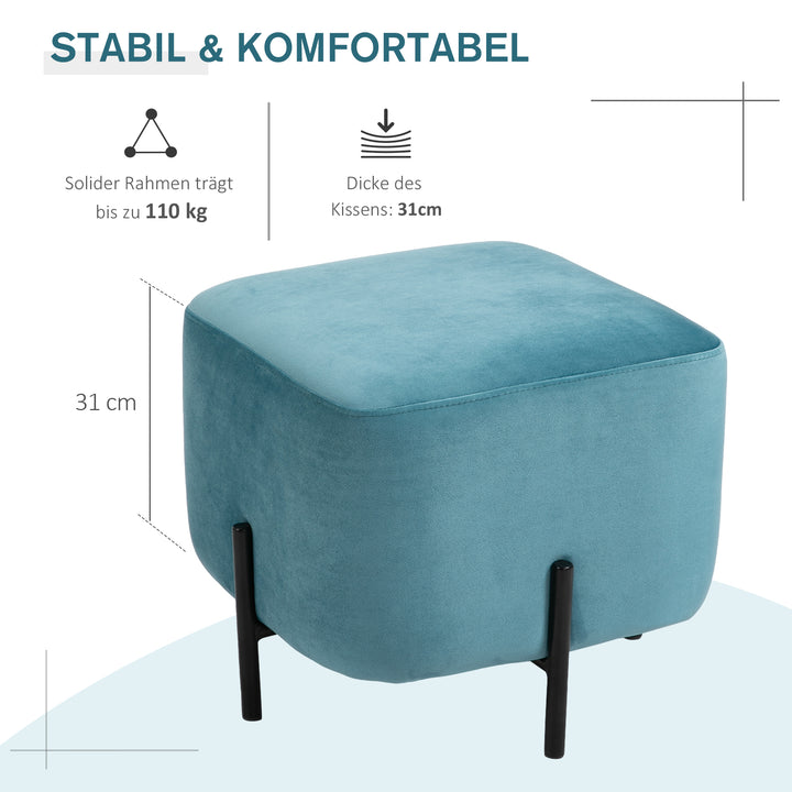 Fodskammel/fodstøtte, polstret, polyester, stål, skum, turkis, 44,5 x 44,5 x 41,5 cm