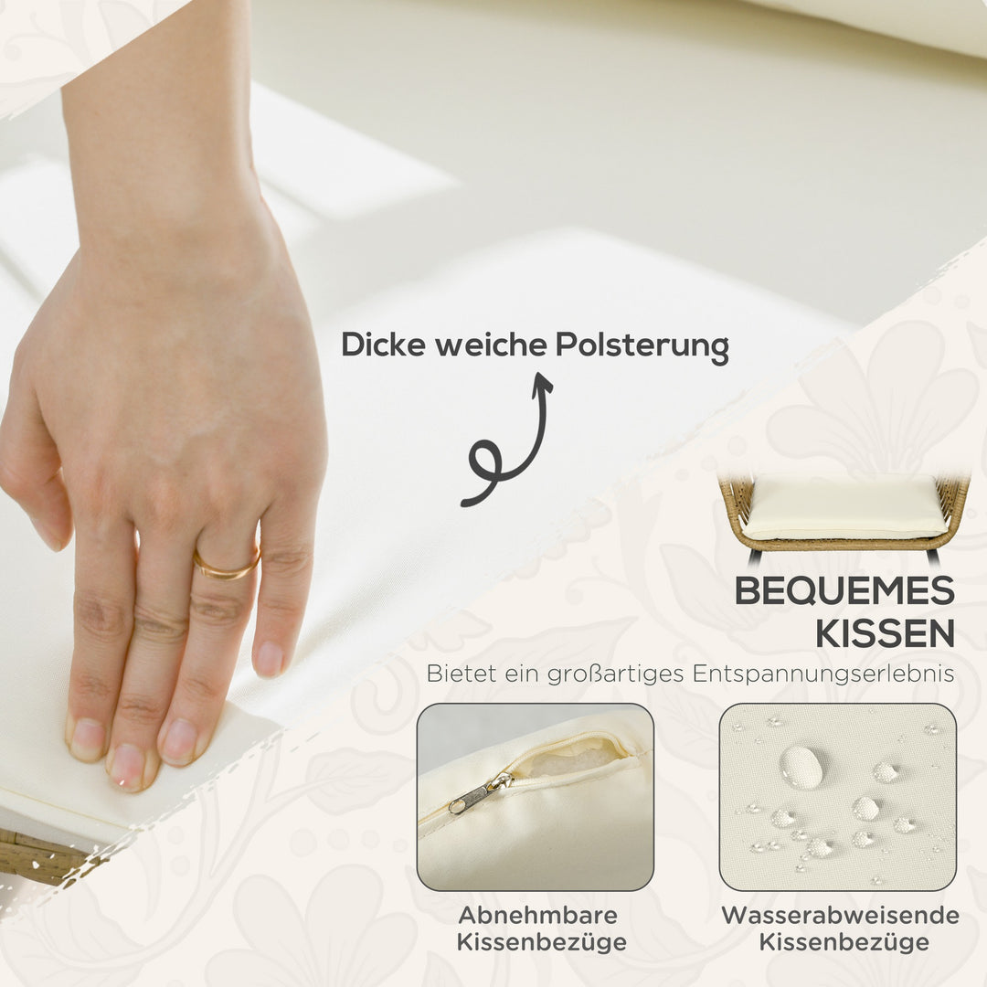 Rattan loungesæt udendørs siddegruppe, boho stil, 5-delt sæt, 145 x 70 x 78 cm, creme + natur + sort