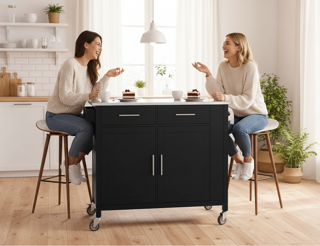 Køkkenø i skandinavisk stil, stålbordplade, 107x46x94 cm, sort