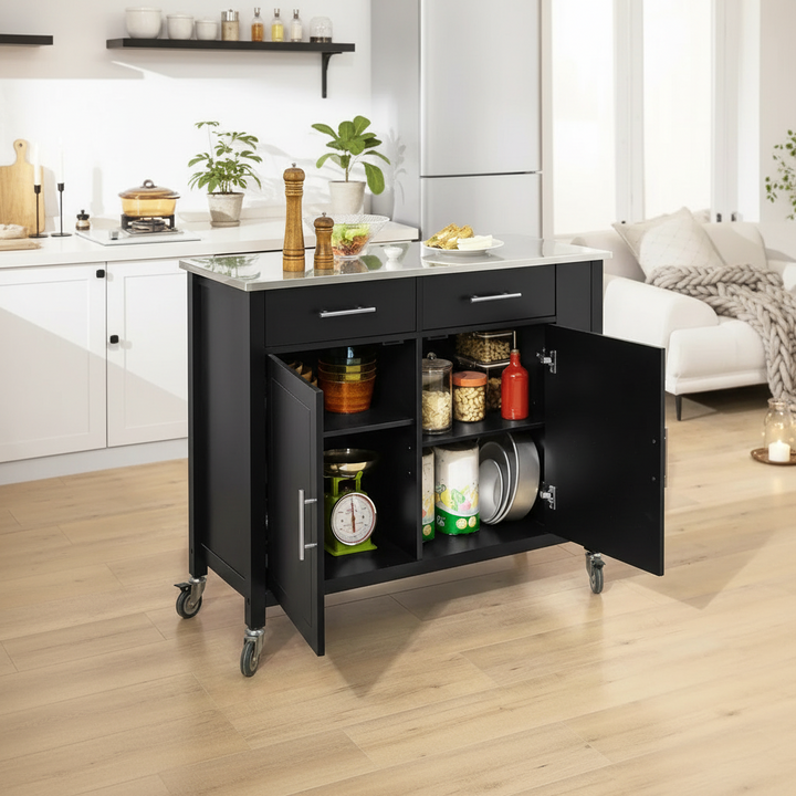 Køkkenø i skandinavisk stil, stålbordplade, 107x46x94 cm, sort