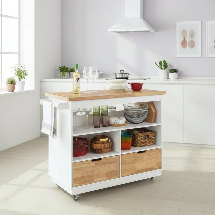 Køkkenø på hjul, hvid/naturfarvet, 110x91x55 cm, med skuffer