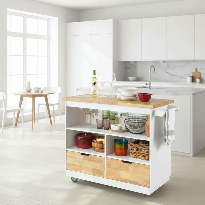 Køkkenø på hjul, hvid/naturfarvet, 110x91x55 cm, med skuffer