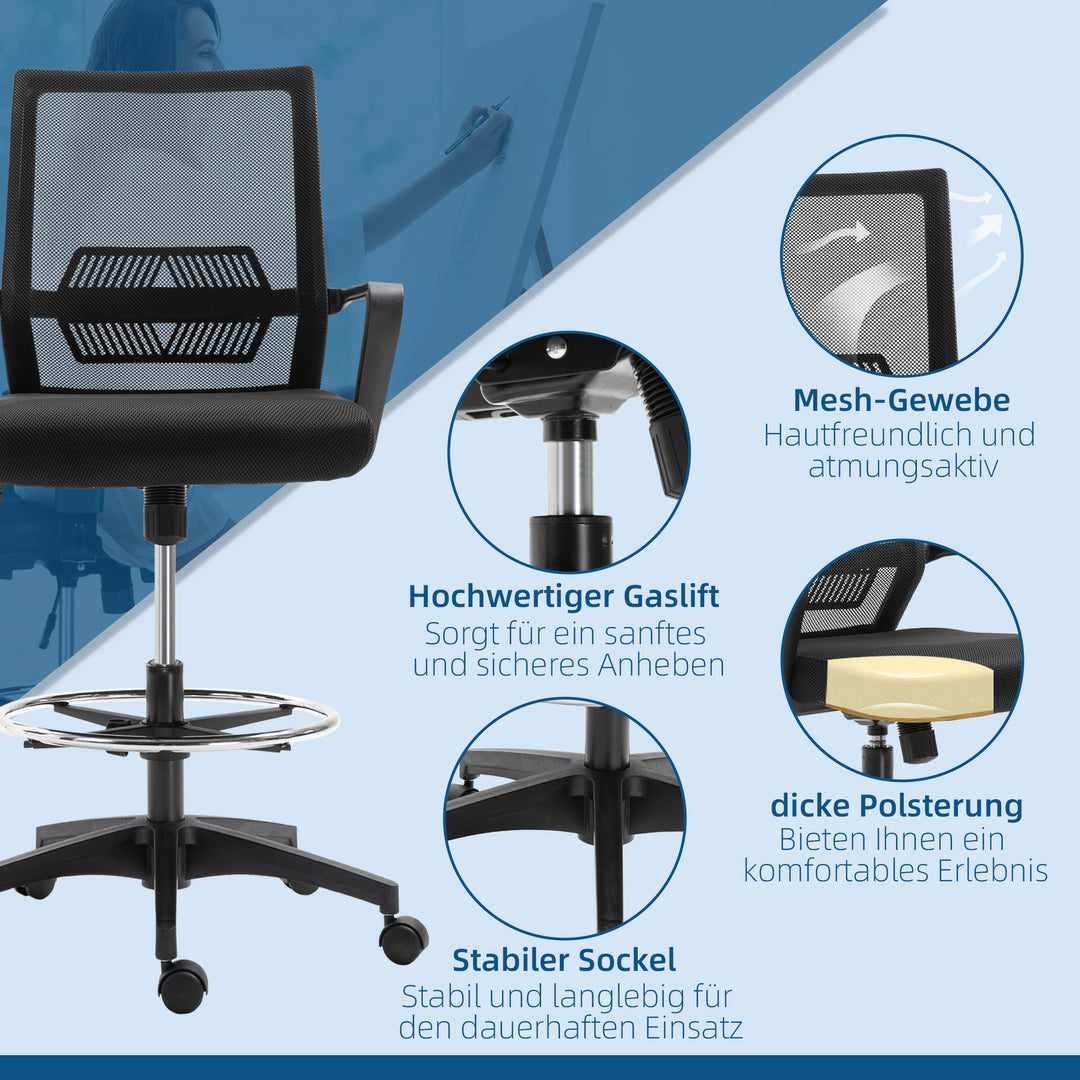 Kontorstol, højdejusterbar skrivebordsstol med fodstøtte, ryglæn i net, sammenrullbar, plastik, sort