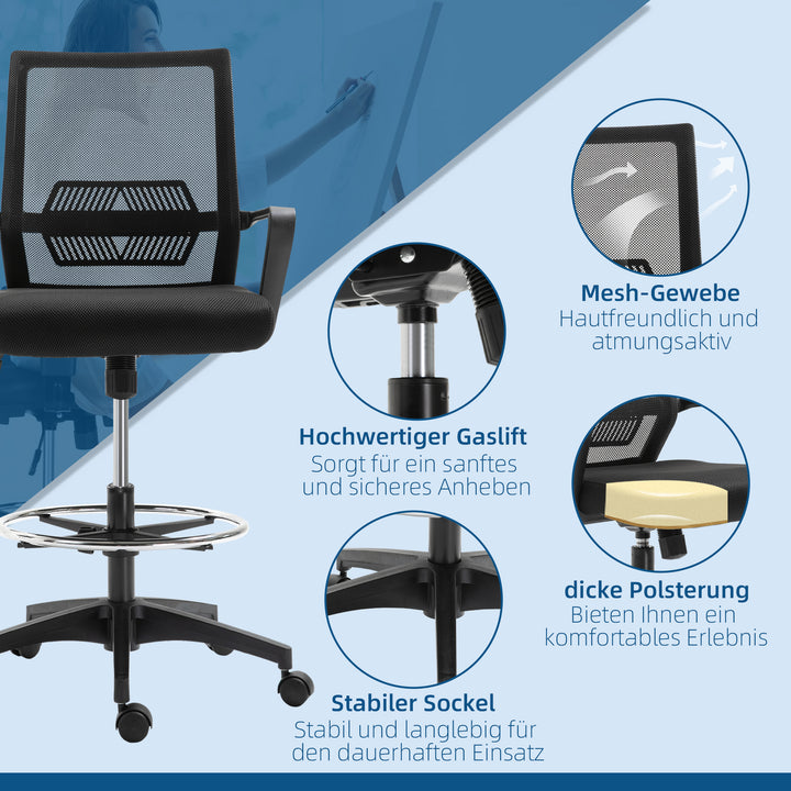 Kontorstol, højdejusterbar skrivebordsstol med fodstøtte, ryglæn i net, sammenrullbar, plastik, sort