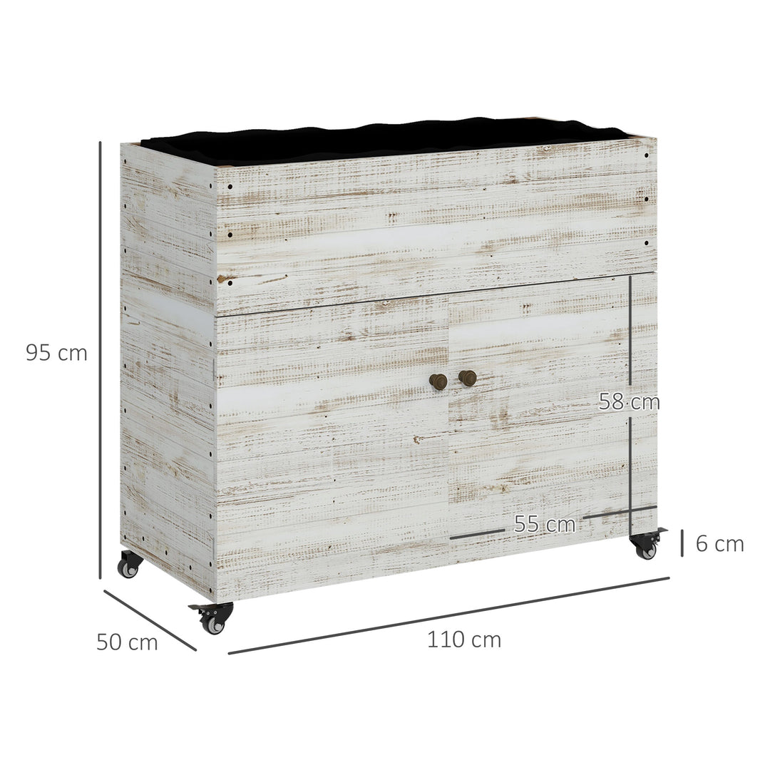 Højbed med hjul, skabsrum, indvendig foring, brugt look, 110x50x95 cm, hvid