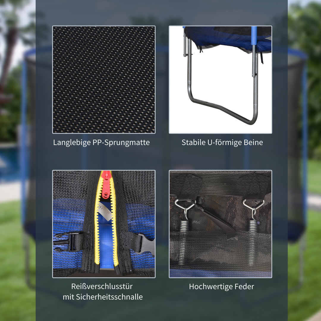 Trampolin med sikkerhedsnet havetrampolin til indendørs og udendørs brug fitnesstrampolin til børn og voksne stål blå+sort op til 113,6 kg ø305 x 248h cm