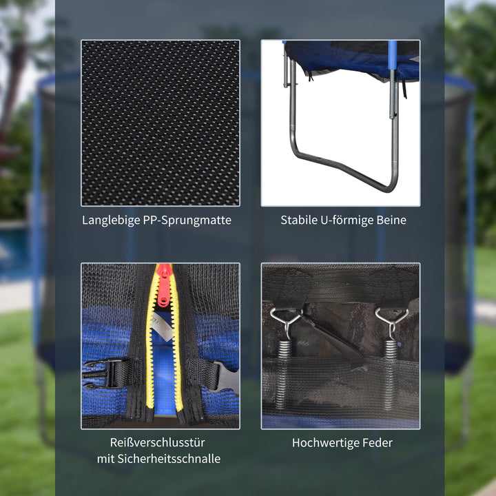 Trampolin med sikkerhedsnet havetrampolin til indendørs og udendørs brug fitnesstrampolin til børn og voksne stål blå+sort op til 113,6 kg ø305 x 248h cm
