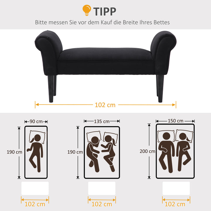 Bænk, sengebænk, tidløst design, blød polstring, op til 130 kg, sort, 102 x 36 x 51 cm