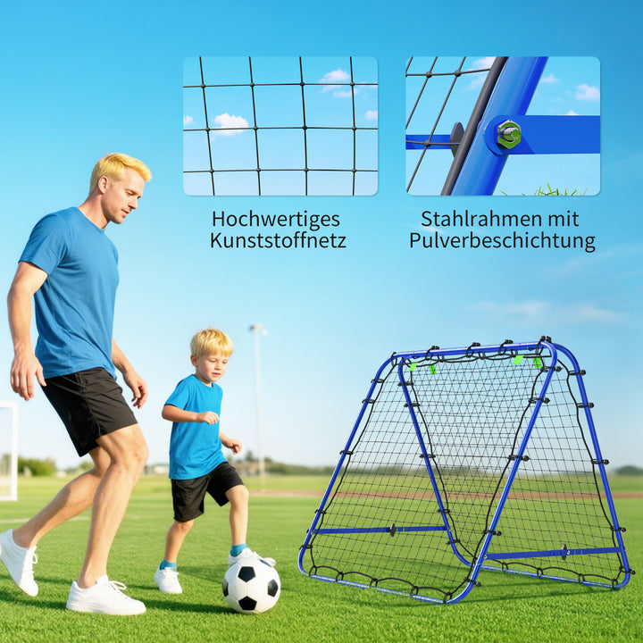 Dobbeltsidet rebounder til fodbold, justerbar reboundvæg med 5 vinkelpositioner, 100 x 68-95 cm kickback-mål til ungdom, reboundvæg til håndboldtræning, blå
