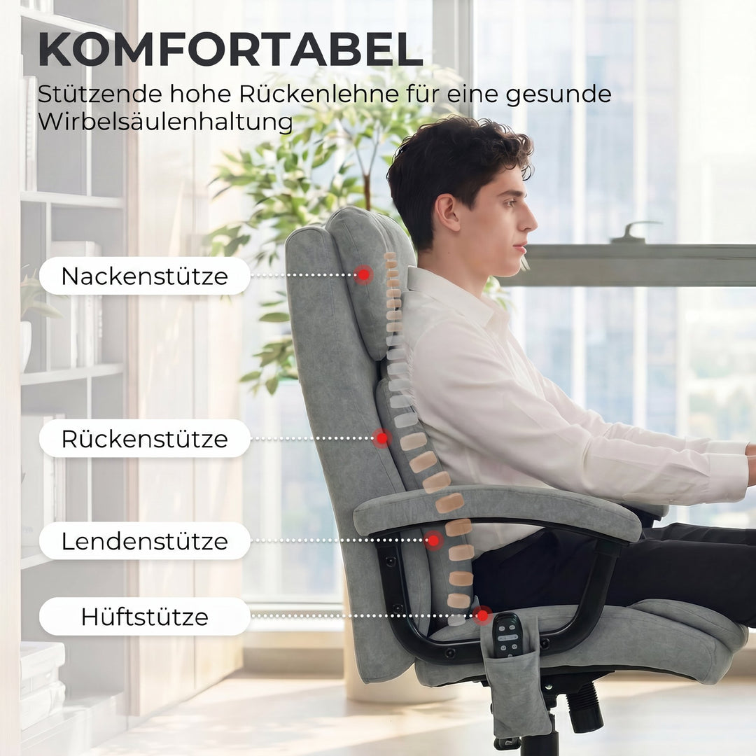 Ergonomisk massagekontorstol med 4 æltepunkter, executivestol med høj butterfly-ryglæn, bredt sæde, grå