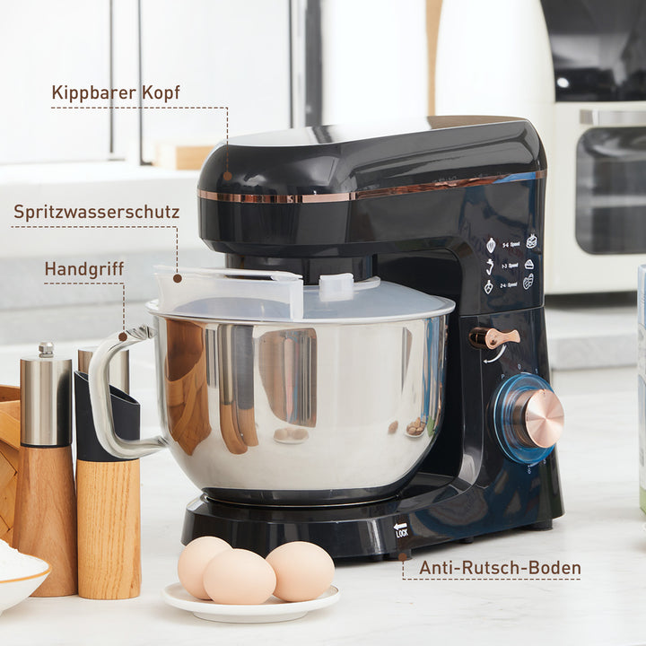 Standmixer, foodprocessor, omrører, 6 hastigheder, 5,5 l skål i rustfrit stål, sort