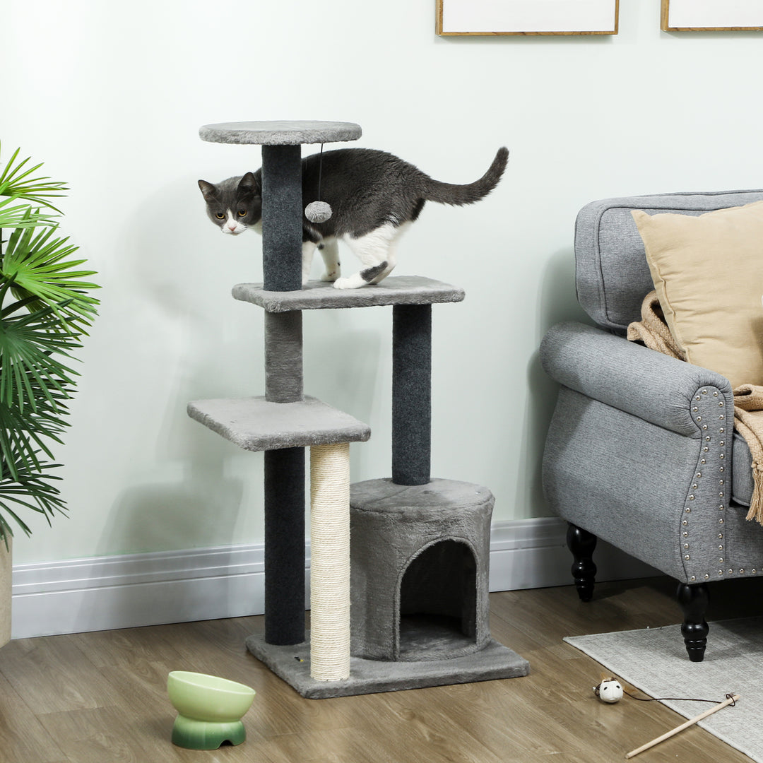 Kradsetræ 103 cm med kattehule, platforme, sisal kradsetræer, plysbold til katte op til 5 kg, grå