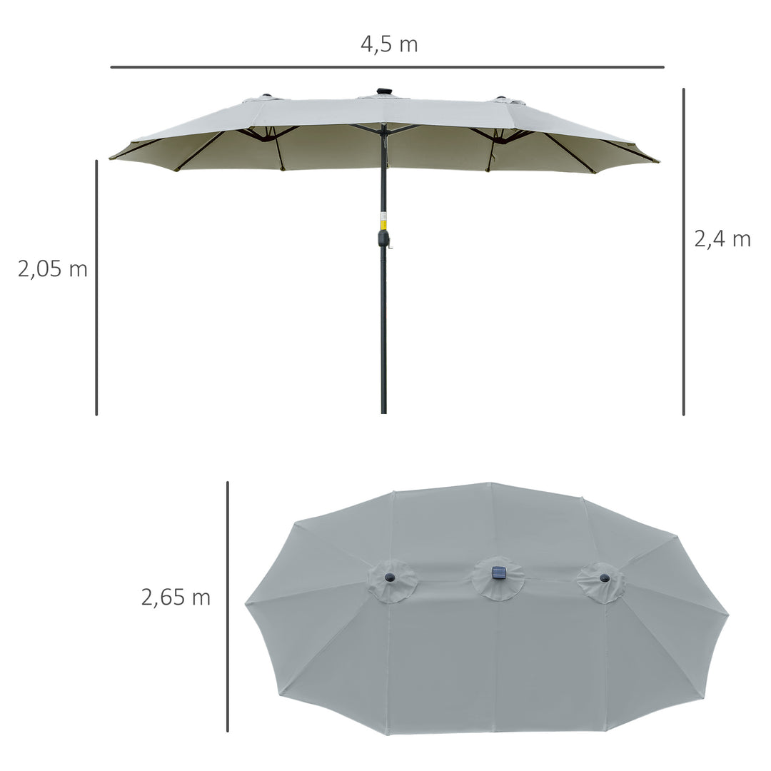 Parasol med led solcelle 4,5m dobbelt parasol haveparasol markedsparasol terrasseparasol oval lysegrå+sort