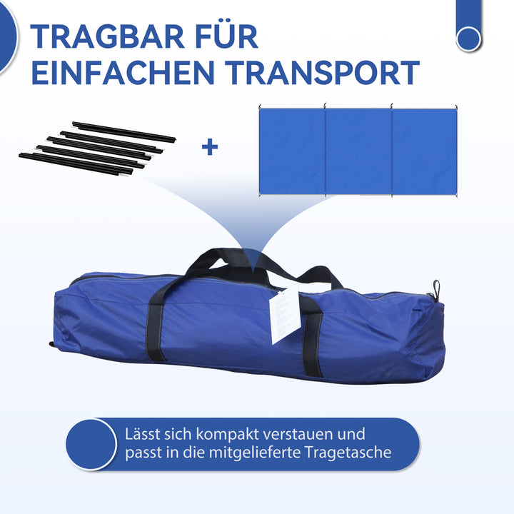 Sammenklappelig læskærm/campingskærm med bæretaske, stålstænger til camping, have, strand, 450 x 150 cm, blå