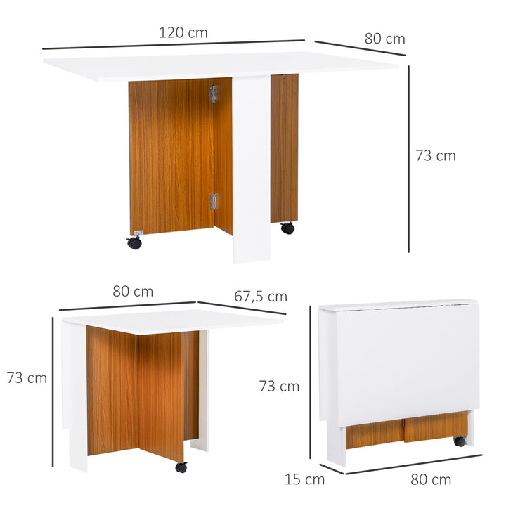 Foldbart spisebord udtrækkeligt spisebord, mobilt, moderne design, 120 cm x 80 cm x 73 cm, teak + hvid