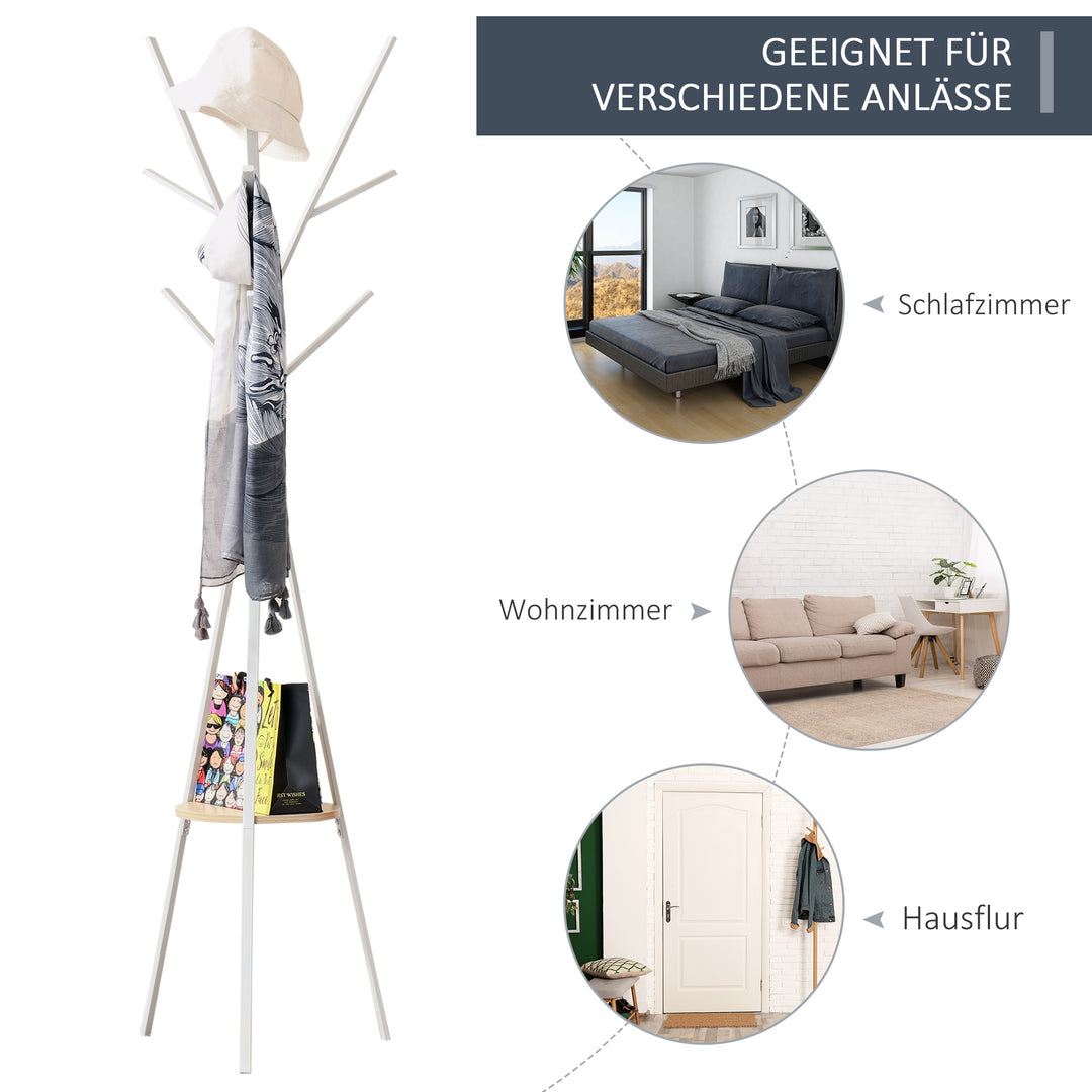 Knagerække, tøjstativ med 8 kroge, knagerække med hylde, stående knagerække til tøj, hatte, tasker, metal, hvid, 45 x 45 x 180 cm