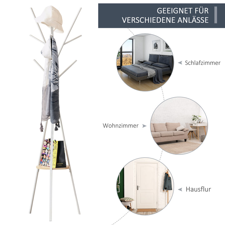 Knagerække, tøjstativ med 8 kroge, knagerække med hylde, stående knagerække til tøj, hatte, tasker, metal, hvid, 45 x 45 x 180 cm