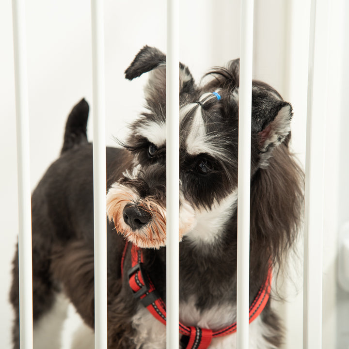 Hundebarrierer sikkerhedslåge kæledyrssikkerhedslåge justerbar foldbar pejsrist med automatisk lukning 3 paneler til komfur vægmonteret/fritstående hvid 202,5 x 76 cm