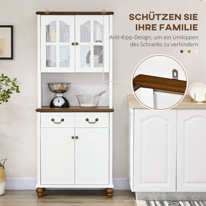 Køkkenskab, buffet, 2 skuffer, 2 skabe, klassisk design, hvid + mørkebrun, 76 x 38 x 182 cm