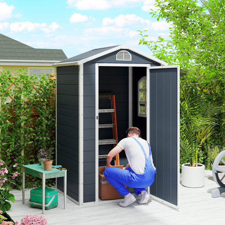 Plastik redskabsskur 1,9m² 134x104x204cm redskabsskur med gavltag, vejrbestandigt havehus, udendørs haveskur, skab til baghave, udendørsområde, mørkegrå
