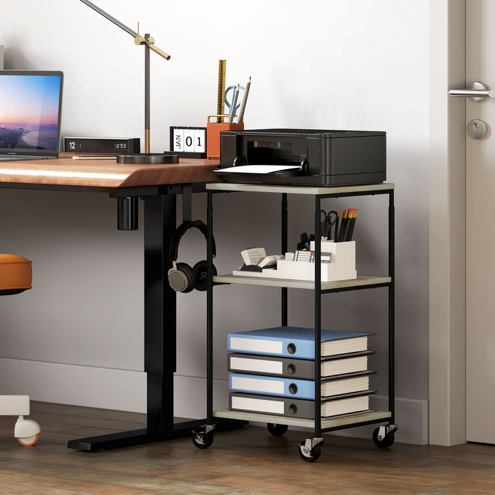 Printerstativ med 3 niveauer, højdejusterbart, mobilt printerbord på hjul, til hjemmekontor, metal og træ