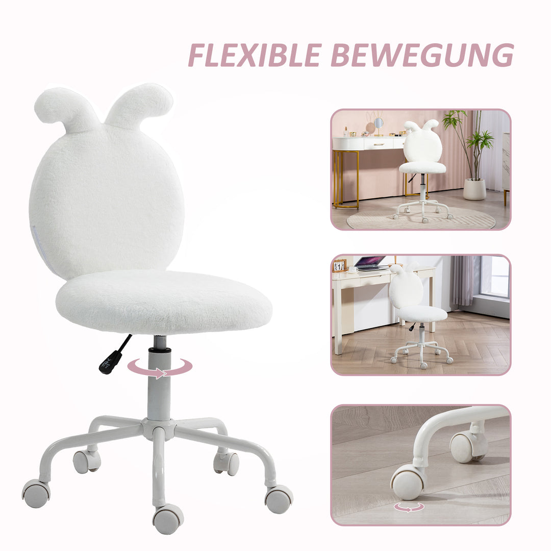 Polstret stol med kaninører, rullende skrivebordsstol, drejelig, kunstpels, hvid