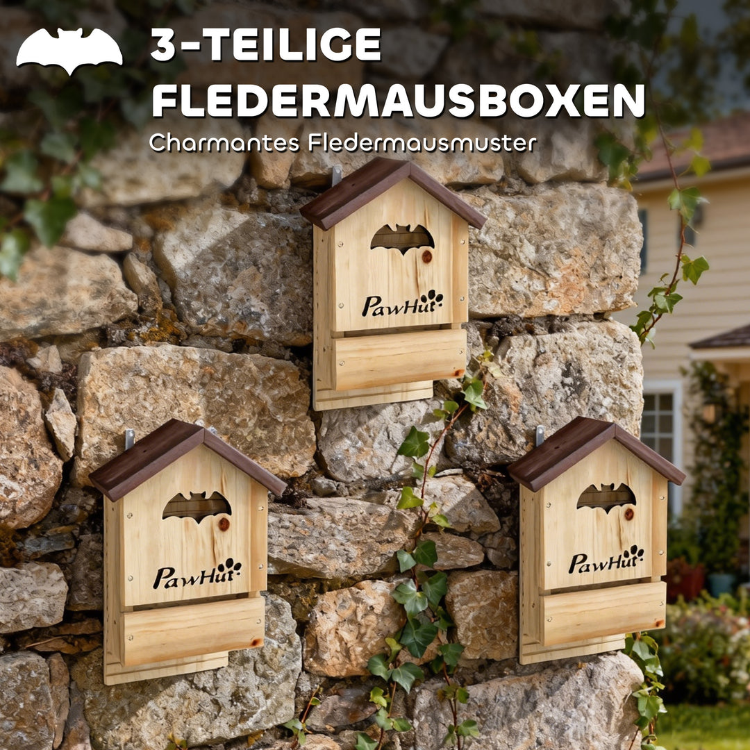 Flagermuskassesæt med 3 stk. lavet af fyrretræ, flagermushus til ophængning i haven, 21,5 x 11,5 x 34 cm
