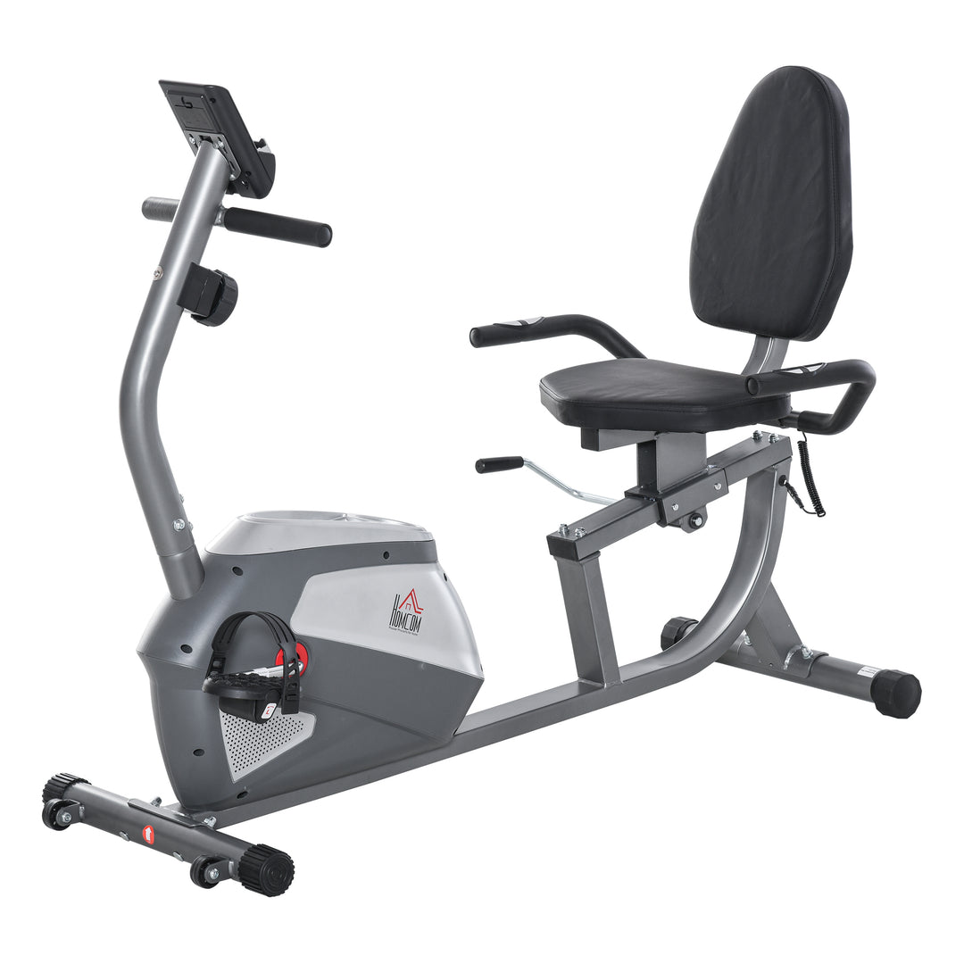 Liggende motionscykel med LCD-display, 8-trins justerbar magnetisk modstand, liggende motionscykel, hjemmetræner med pulsmålere, justerbar ryglæn, liggende motionscykel til seniorer op til 110 kg