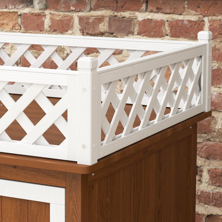 Toetagers kattehus med balkon og trappe, indendørs/udendørs, til katte og kaniner, fyrretræ, brun