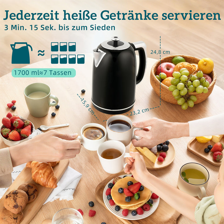 Elkedel- og brødristersæt, LED-display, 1,7 liter, 2200W, retrodesign, hukommelsesfunktion, sort
