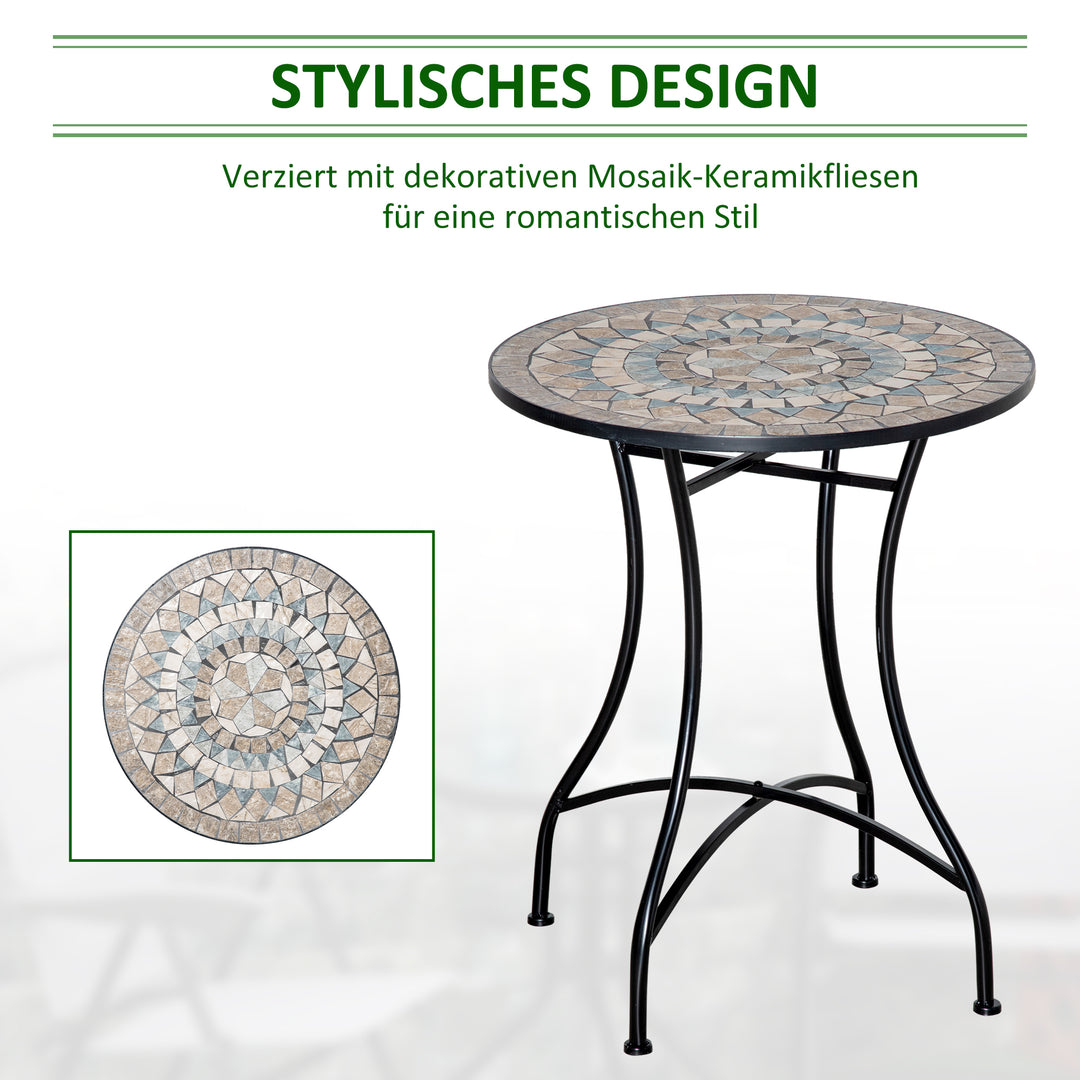 Havebord, mosaikbord, rundt bistrobord, sidebord med mosaikplade, keramik, metal, grøn+beige+hvid, Ø60 cm