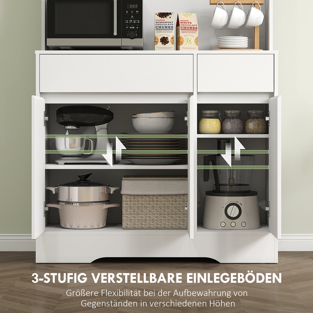 Køkkenskab med åben bordplade, 6 skabslåger, 2 skuffer, justerbare hylder, kabelhuller, spånplade, hvid