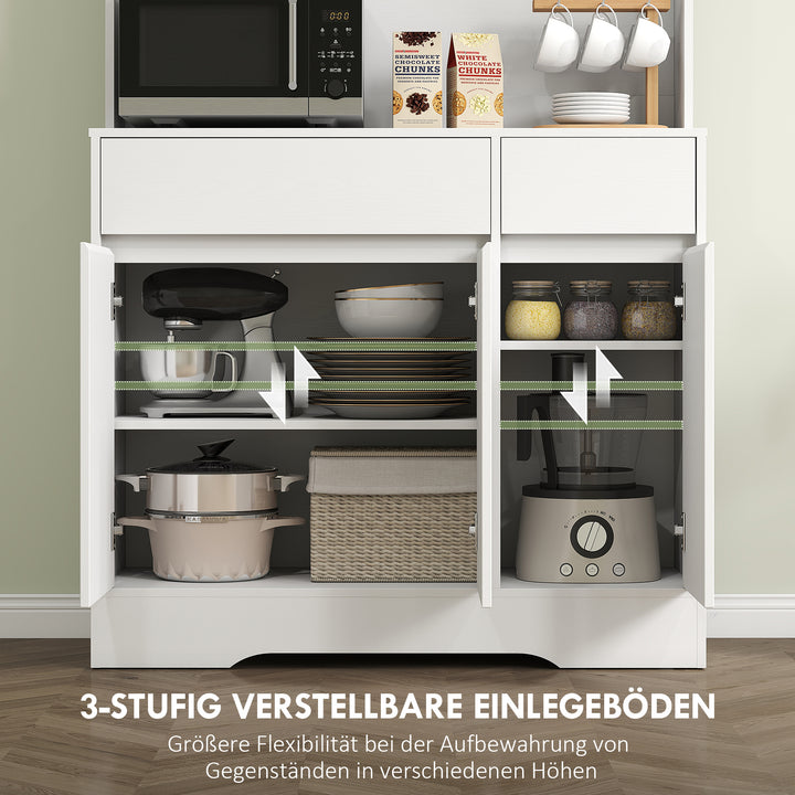 Køkkenskab med åben bordplade, 6 skabslåger, 2 skuffer, justerbare hylder, kabelhuller, spånplade, hvid