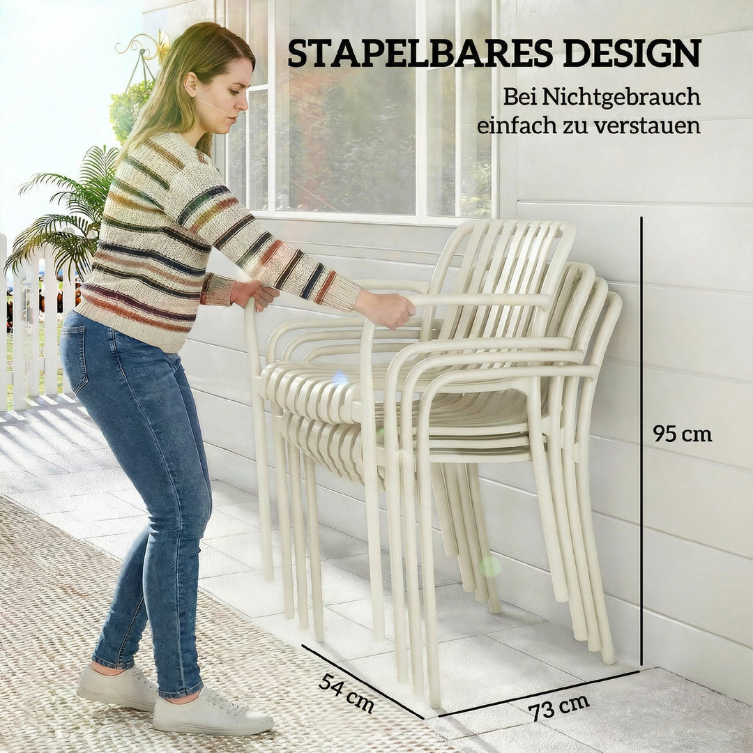 Sæt med 4 stabelbare havestole med lameller, ergonomiske, cremehvid