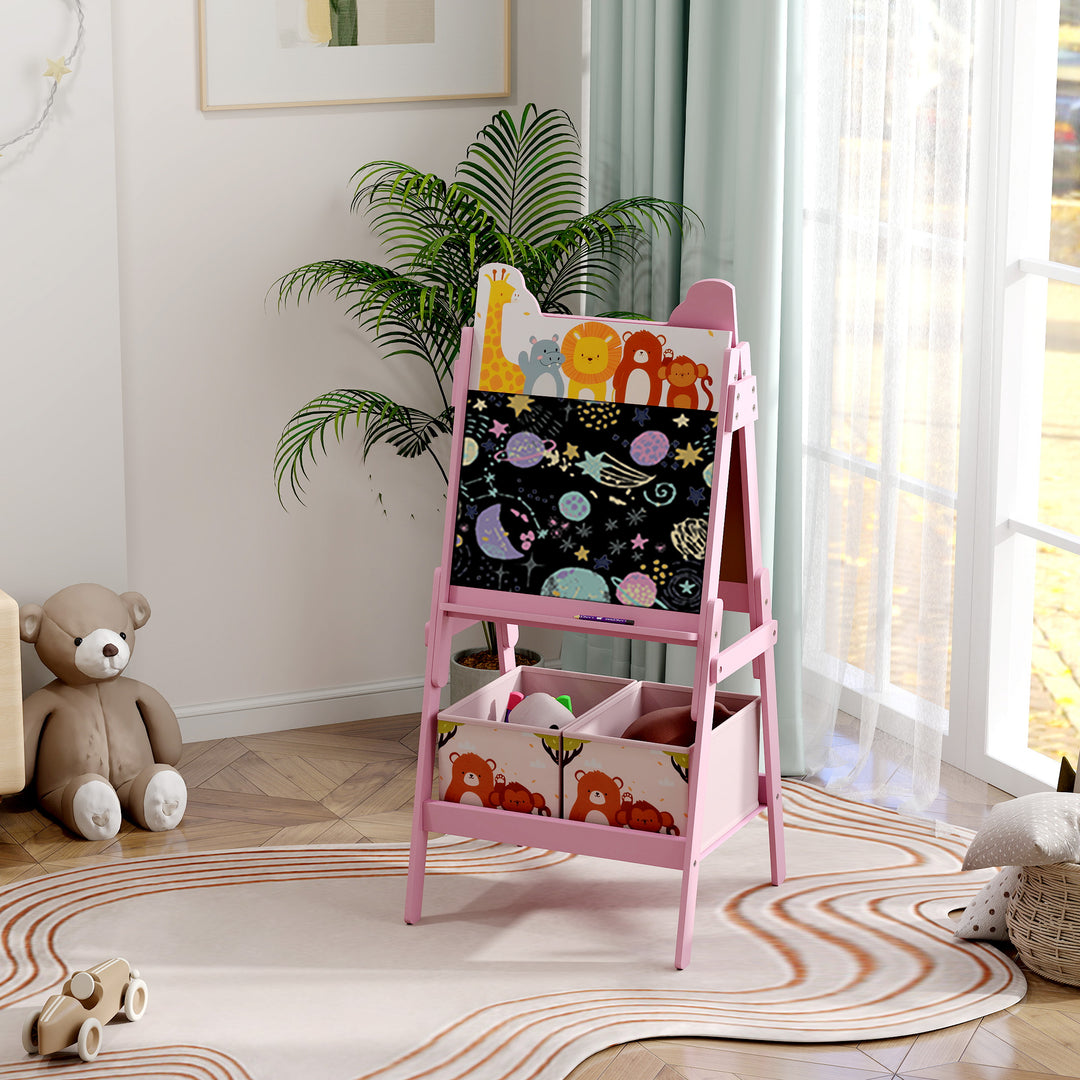 2-I-1 børnestaffeli med whiteboard, tavle og opbevaringskasser, til børn i alderen 3-8 år, lyserød