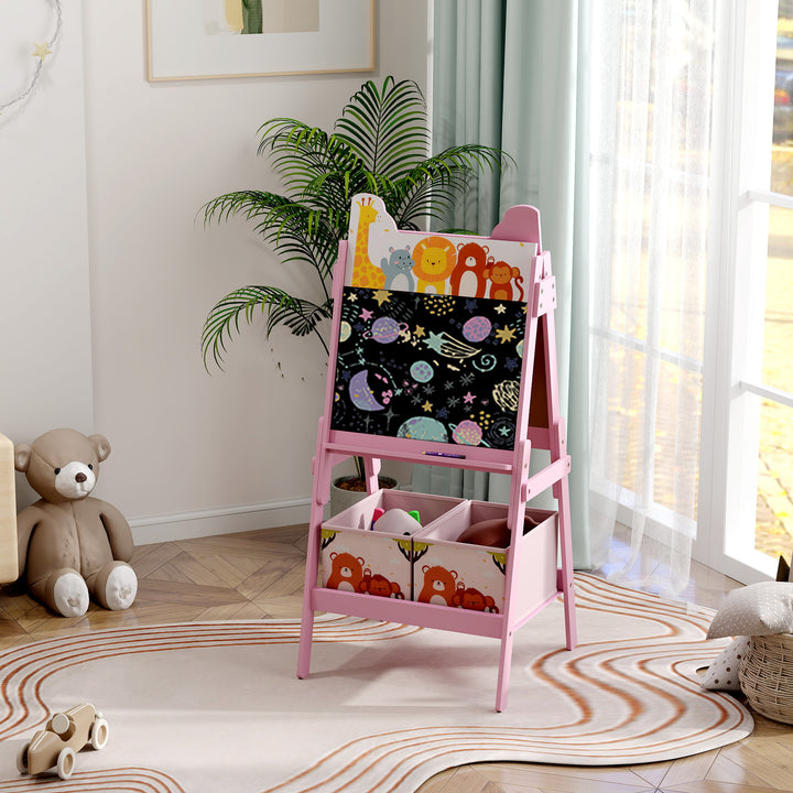 2-I-1 børnestaffeli med whiteboard, tavle og opbevaringskasser, til børn i alderen 3-8 år, lyserød