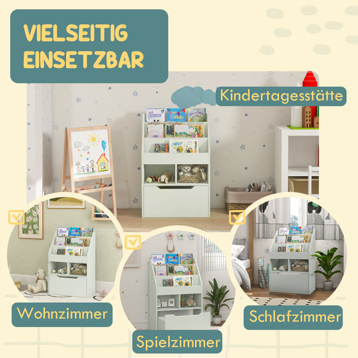 Børnereol med skuffe, bogreol med rum, 60 x 29,9 x 90 cm, grøn