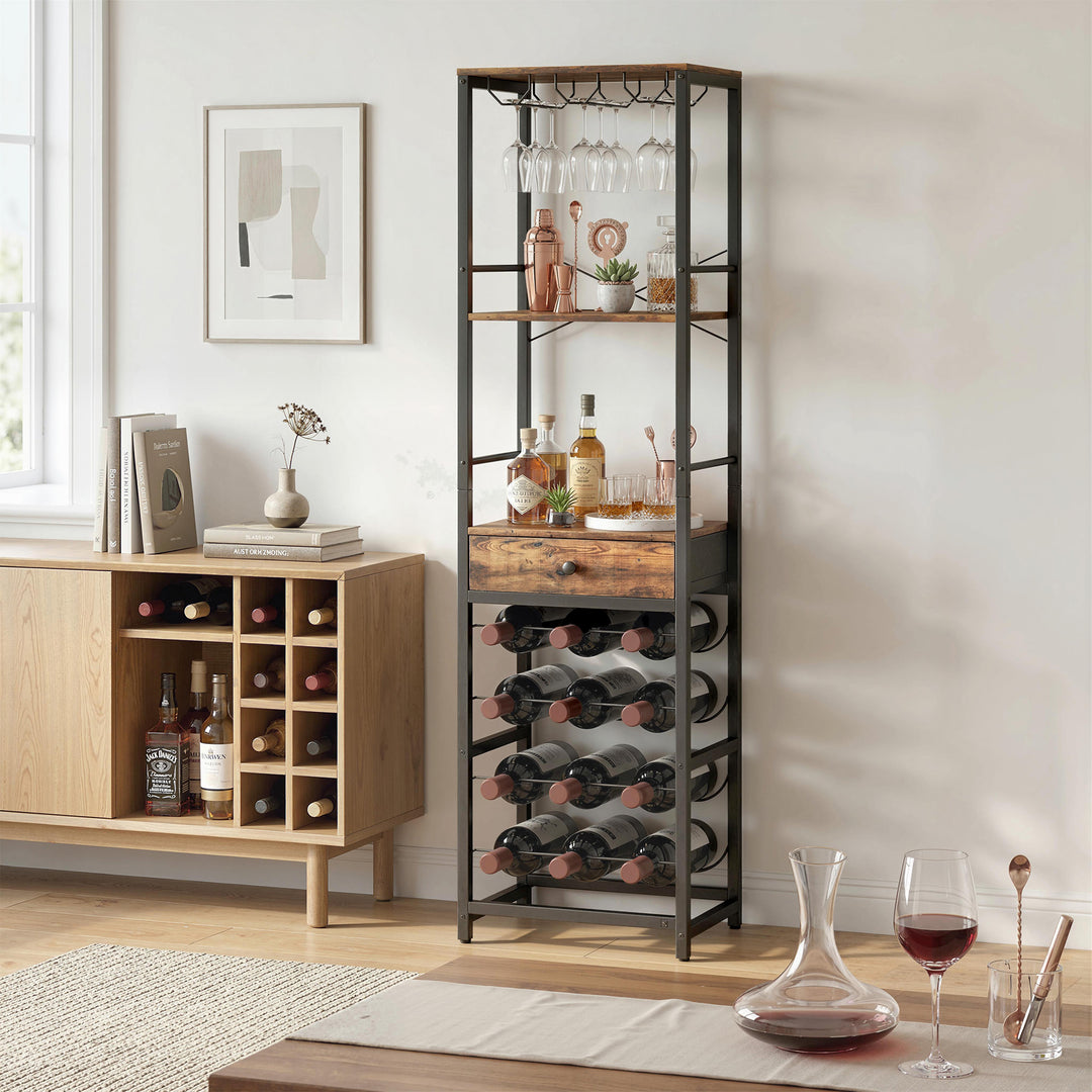 Vinbarskab med skuffe, industrielt barskab, vinreol til 12 flasker, glasholder, rustik brun