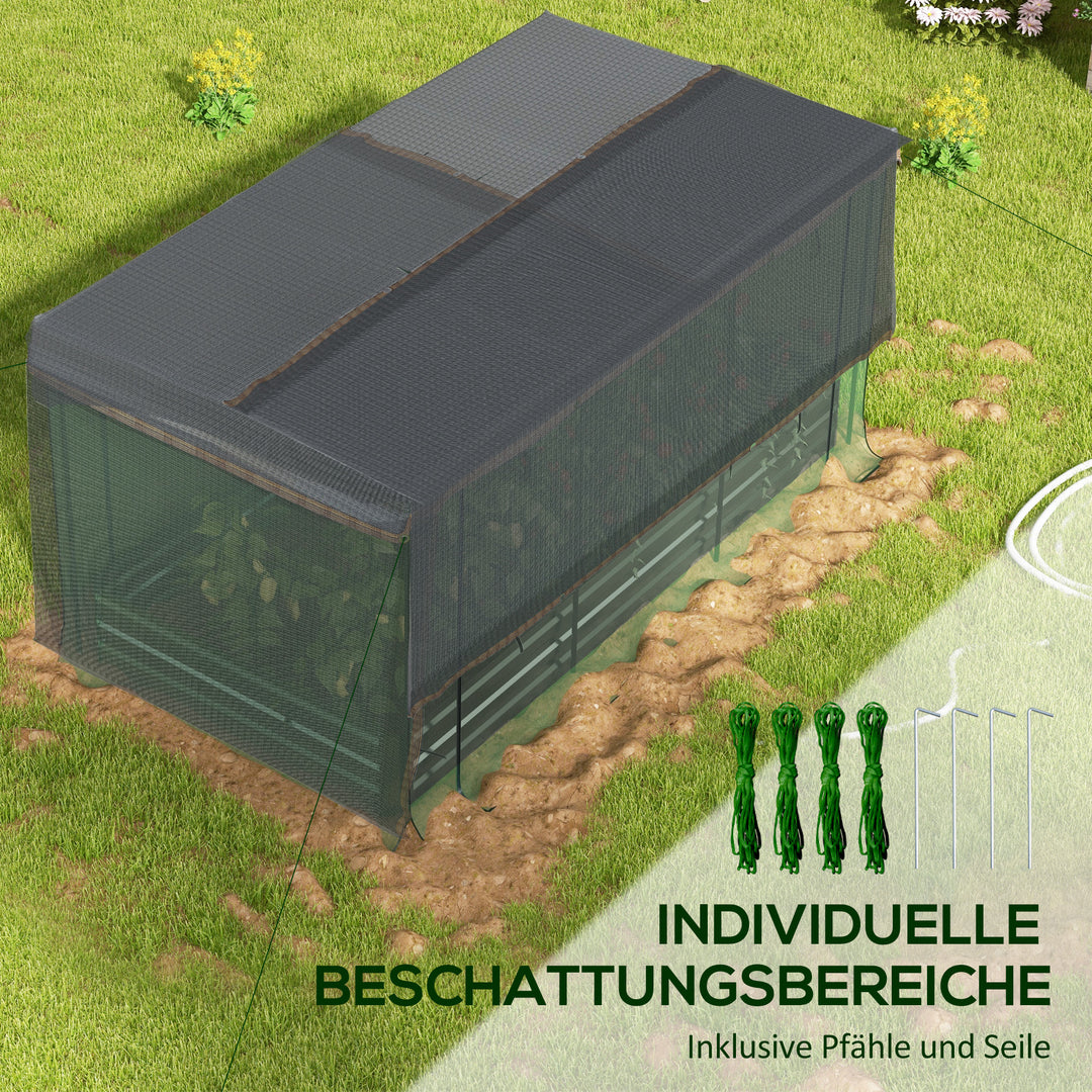 Højbed til solskin med fuglebeskyttelsesnet og solskærm, metalkabinet, 230x110x110 cm, grå/grøn/sort
